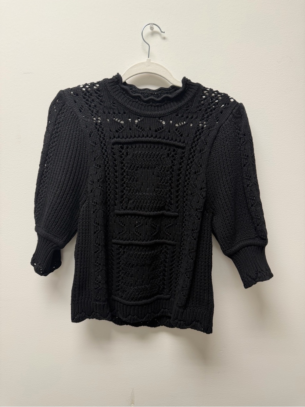 Autumn Cashmere Black Openwork Short-Sleeve Turtleneck Sweater